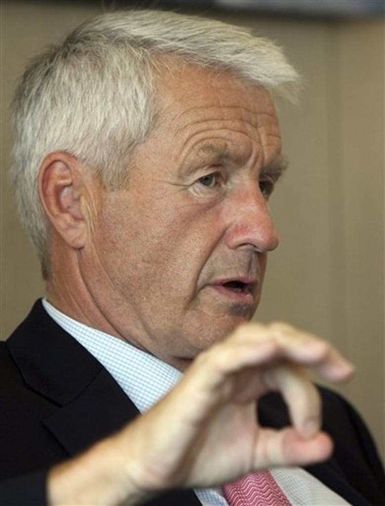 Thorbjoern Jagland, general secretary of the Council of Europe and Norwegian chairman of the Nobel Peace Prize award committee, gestures during an interview with the Associated Press at his office at the Council of Europe in Strasbourg on Wednesday.